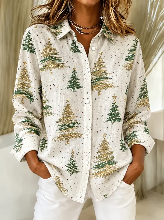 Women's Long Sleeve Shirt Spring/Fall As Picture Christmas Buckle Shirt Collar Regular Sleeve Daily Going Out Casual Top