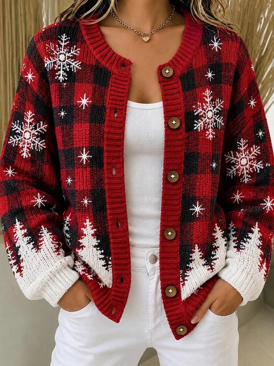 Plaid Snowflake Casual  Cardigan