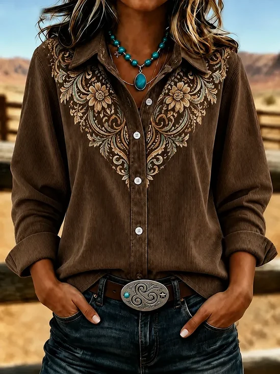 Women's Long Sleeve Shirt Spring/Fall Brown Wild West Buckle Shirt Collar Regular Sleeve Daily Going Out Casual Top