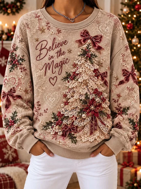 Versatile Vintage Christmas Tree Print Sweatshirt