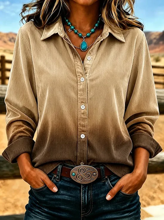 Women's Long Sleeve Shirt Spring/Fall Khaki Ombre Buckle Shirt Collar Regular Sleeve Daily Going Out Casual Top