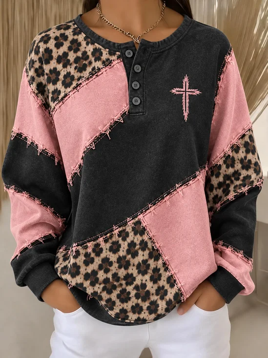 Casual Color Block Henley Collar Sweatshirt