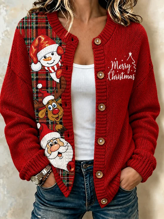 Vintage Snowman Reindeer Santa Crew Neck Cardigan