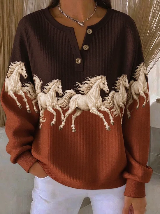 Casual Horse Henley Collar Sweatshirt