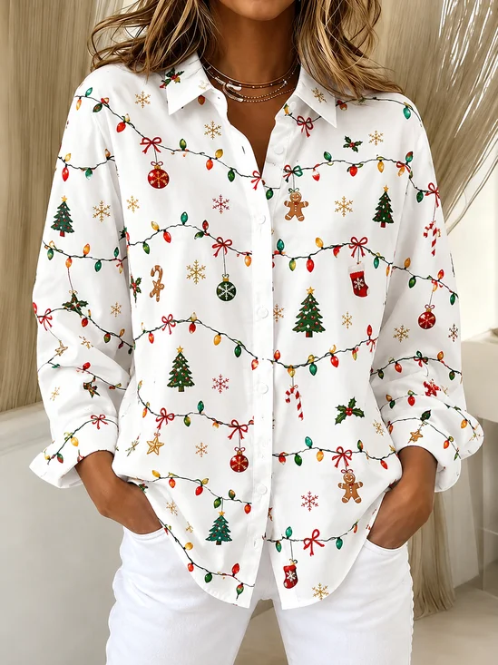 Women's Long Sleeve Shirt Spring/Fall White Christmas Buckle Shirt Collar Regular Sleeve Daily Going Out Casual Top