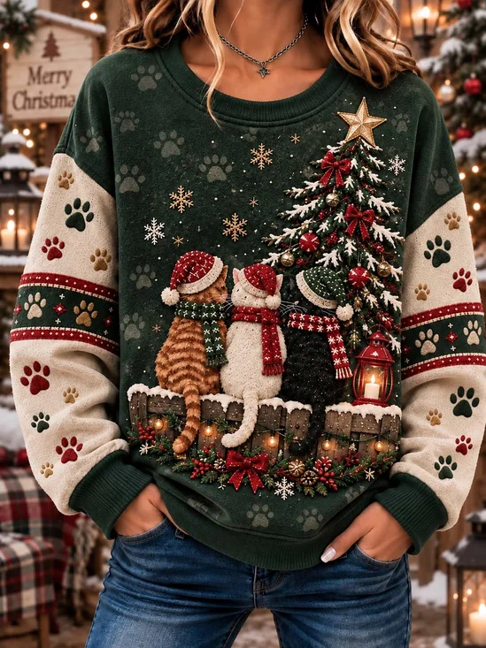 Vintage Christmas Cat Crew Neck Sweatshirt