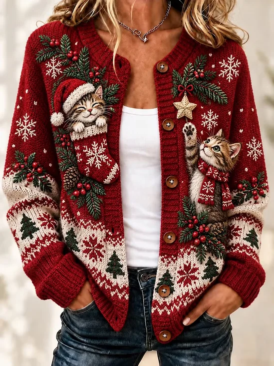 Crew Neck Regular Fit Vintage Christmas Cardigan