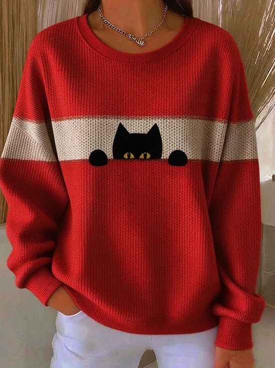 Printing Crew Neck Casual Cat Sweatshirt