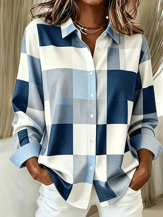 Women's Long Sleeve Shirt Spring/Fall Blue Abstract Buckle Shirt Collar Regular Sleeve Daily Going Out Casual Top