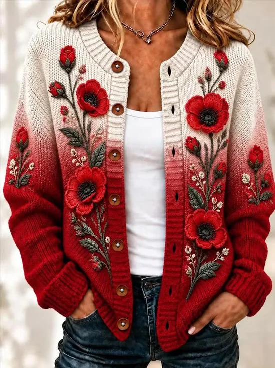 Floral Crew Neck Vintage Cardigan