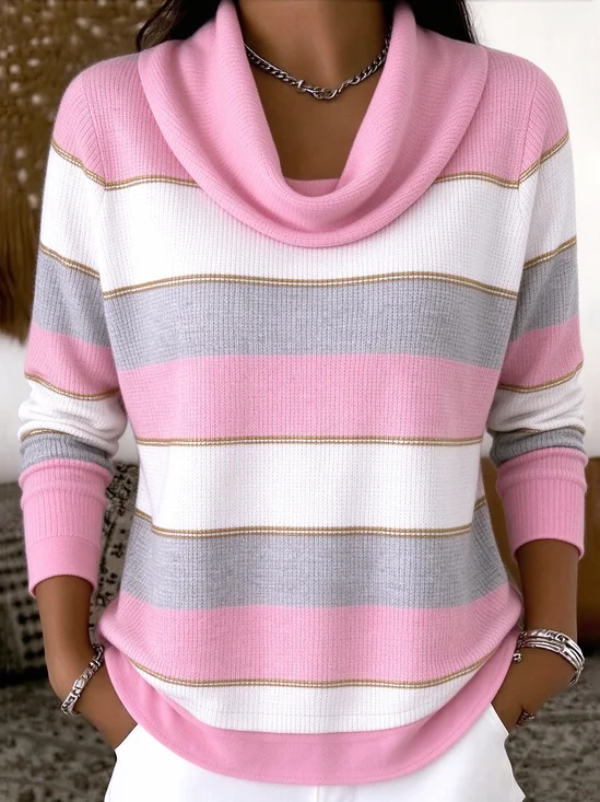 Striped Cowl Neck Casual Sweater
