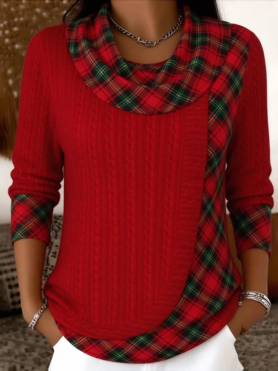Plaid Cowl Neck Casual Sweater