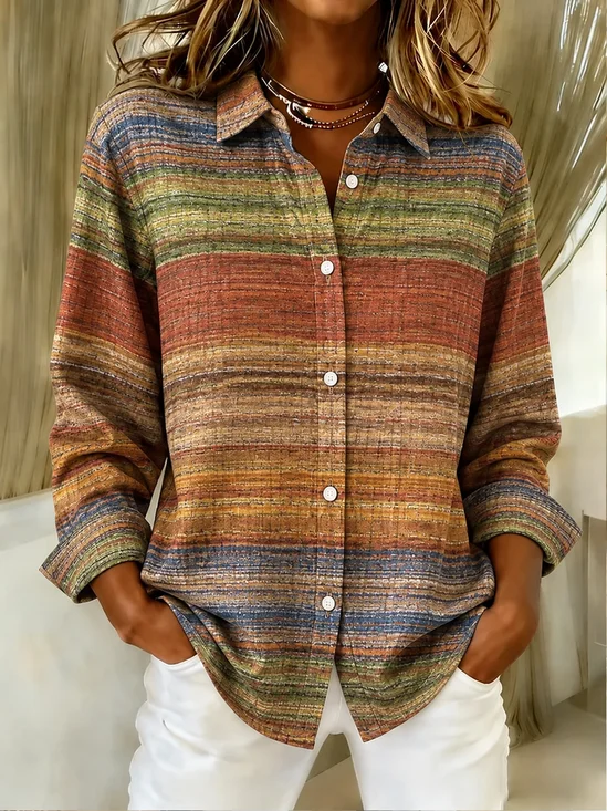 Abstract Stripes Loose Shirt Collar Boho Shirt