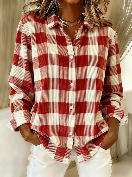 Women's Long Sleeve Shirt Spring/Fall Red Plaid Buckle Shirt Collar Regular Sleeve Daily Going Out Casual Top