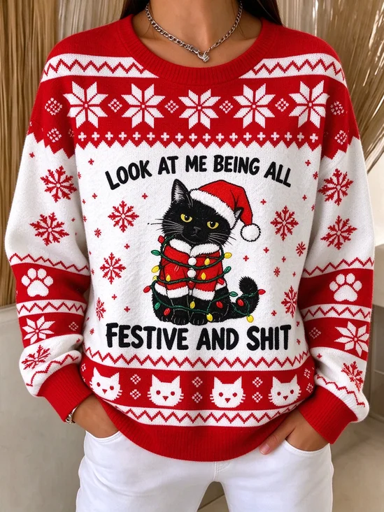Women's Christmas Cat Letter Print Crew Neck Sweatshirt