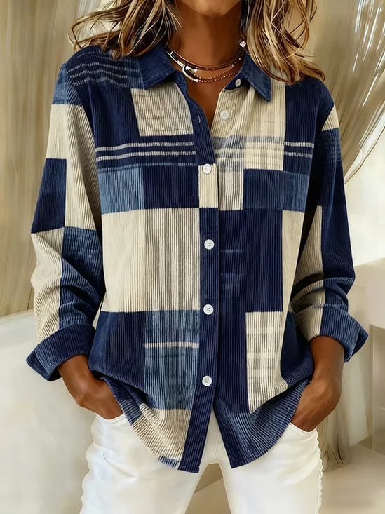 Women's Long Sleeve Shirt Spring/Fall Purplish Blue Abstract Buckle Shirt Collar Regular Sleeve Daily Going Out Casual Top