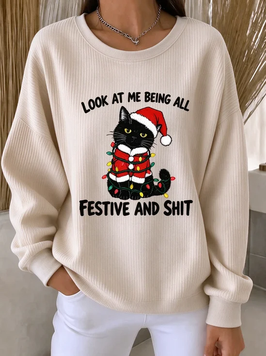 Crew Neck Casual Cat Sweatshirt