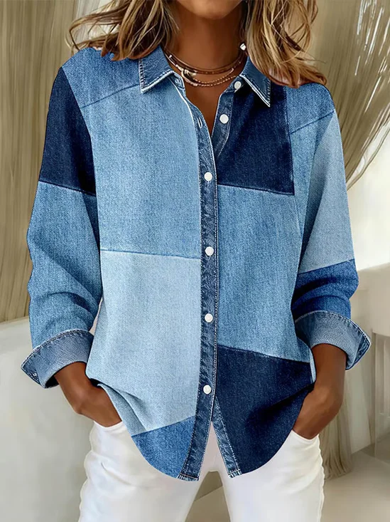 Women's Long Sleeve Shirt Spring/Fall Blue Abstract Buckle Shirt Collar Regular Sleeve Daily Going Out Casual Top