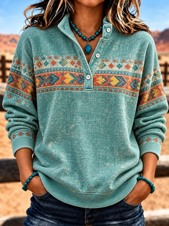 Western Tribal Geo Stand Collar Sweatshirt