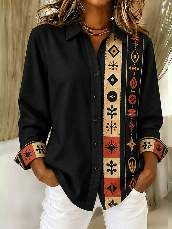 Women's Long Sleeve Shirt Spring/Fall Black Abstract Buckle Shirt Collar Regular Sleeve Daily Going Out Casual Top
