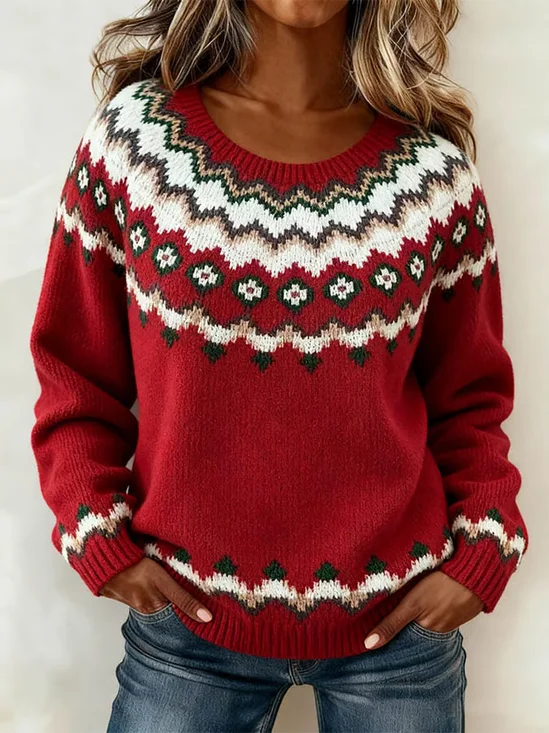 Ethnic Fair Isle Crew Neck Sweater