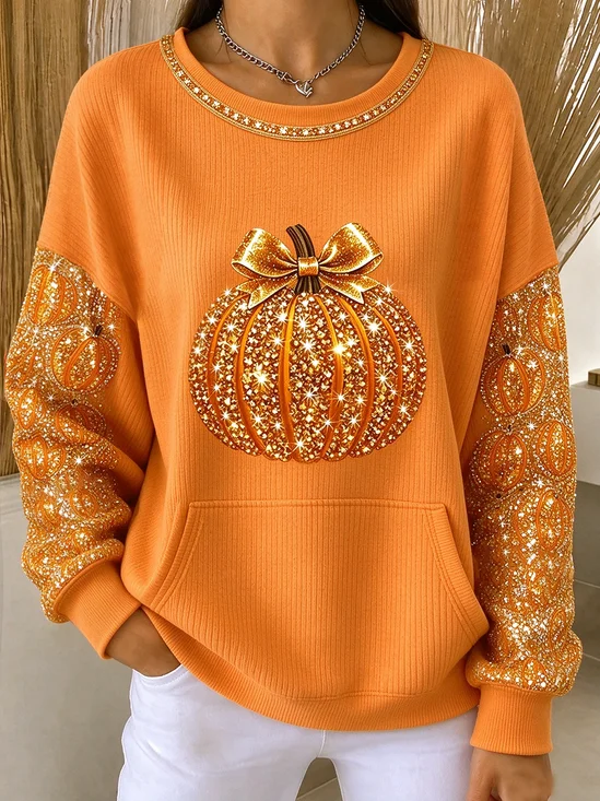 Pumpkin Pattern Regular Fit Casual Pocket Stitching Sweatshirt