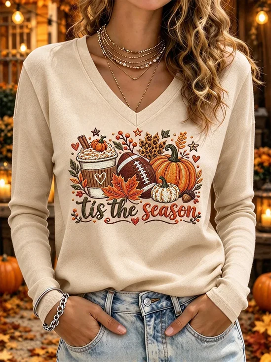 Women's Long Sleeve T-shirt Spring/Fall Apricot Pumpkin Pattern Printing Jersey V Neck Daily Going Out Casual Top
