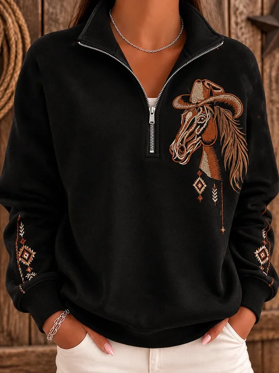 Vintage Horse-Print Zip-Up Sweatshirt
