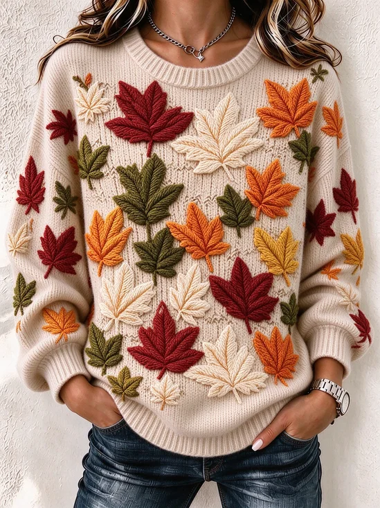 Regular Fit Simple Maple Leaf Printing Sweater