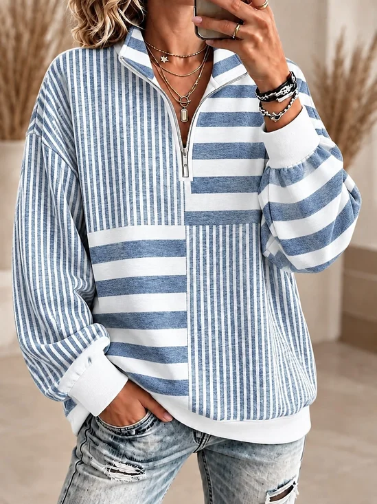Casual Striped Regular Fit Half-Zip Sweatshirt