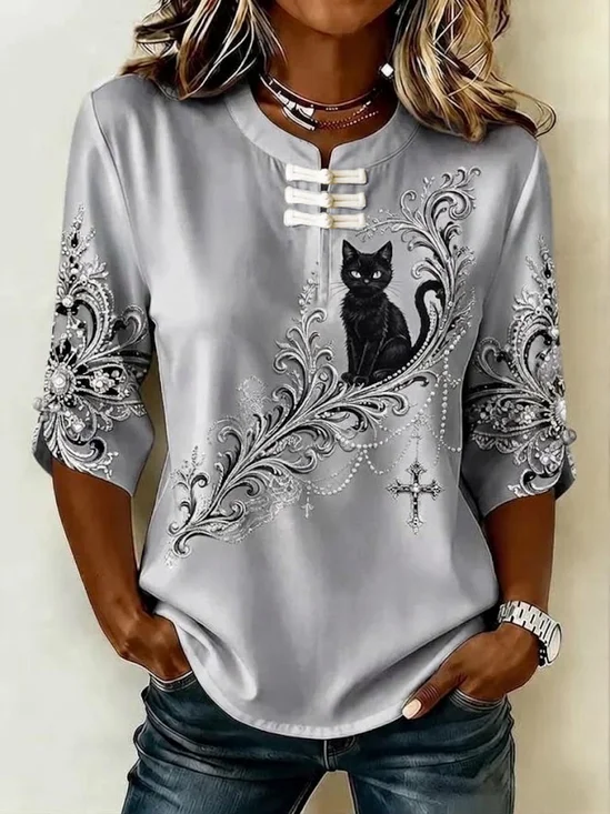 Women's Half Sleeve Blouse Summer Gray Cat Printing Mandarin Collar Daily Going Out Vintage Top