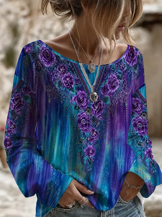 Women's Long Sleeve T-shirt Spring/Fall Blue Purple Floral Printing Jersey Crew Neck Daily Going Out Casual Top
