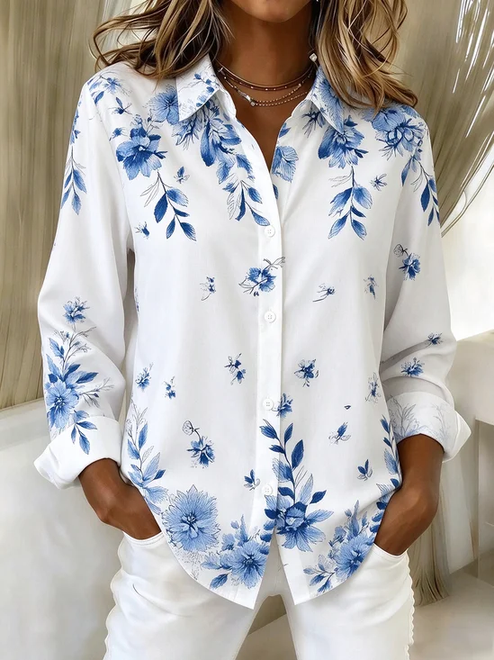 Women's Long Sleeve Shirt Spring/Fall White Floral Buckle Shirt Collar Regular Sleeve Daily Going Out Casual Top