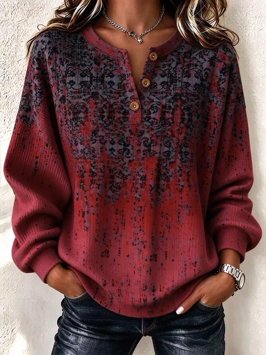 Henley Collar Abstract Vintage Regular Fit Sweatshirt