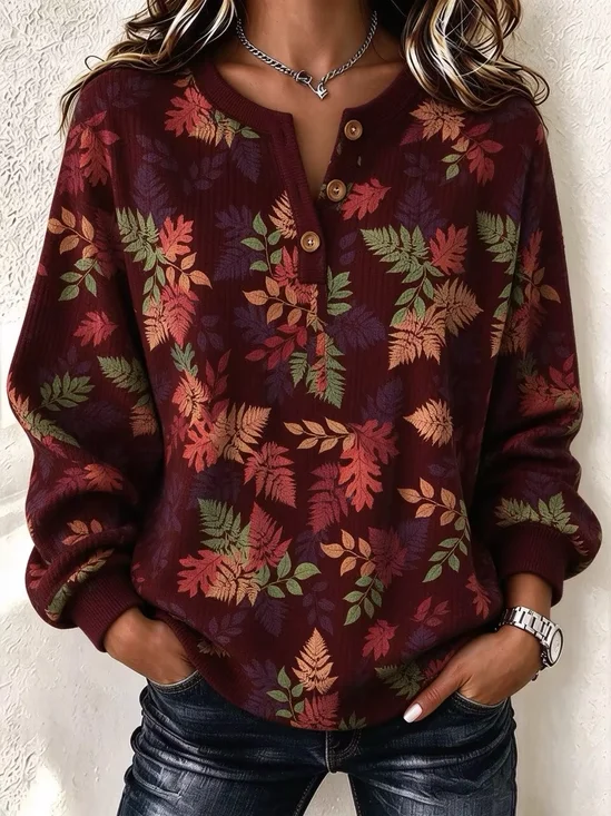 Henley Collar Casual Regular Fit Floral Sweatshirt