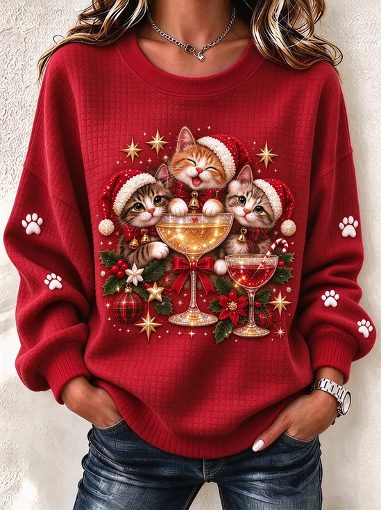 Christmas Cat Wine Glass Casual Sweatshirt