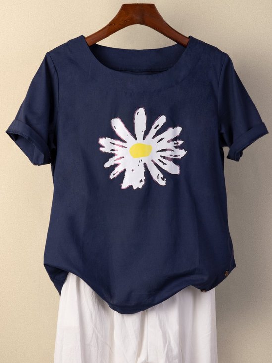 Blue Floral-Print Casual Cotton T-shirt