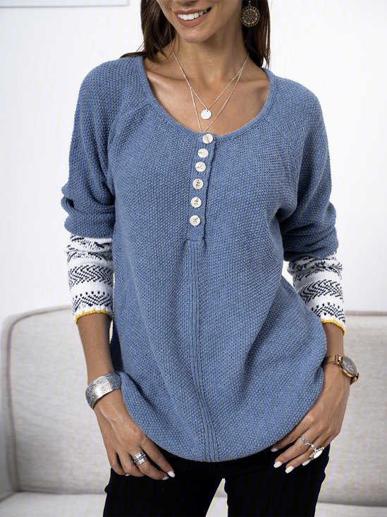 V Neck Cotton-Blend Printed Casual Sweater