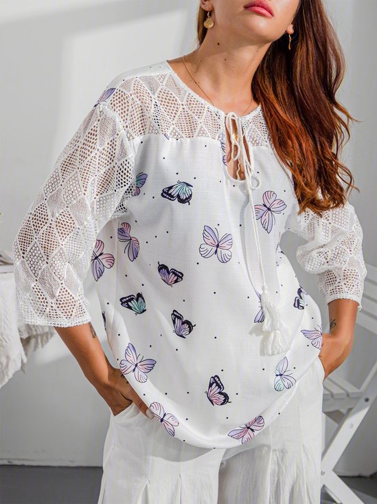 3/4 Sleeve Floral Cotton-Blend Top