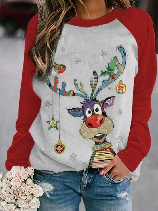 Casual Long Sleeve Christmas Animal Cotton-Blend Sweatshirt