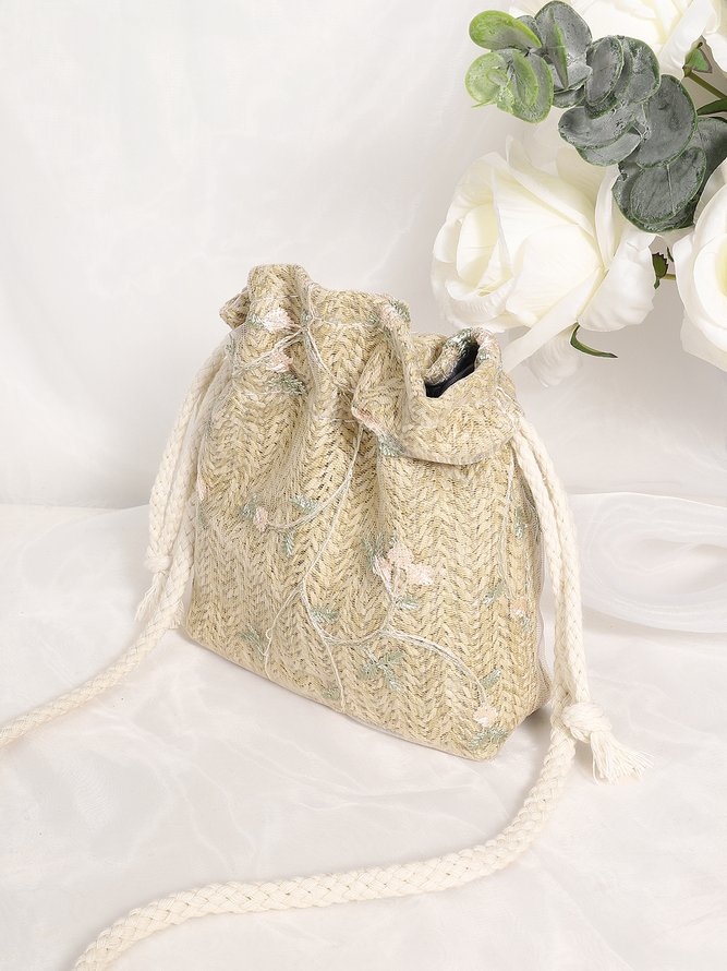Floral Embroidery Woven Bucket Bag