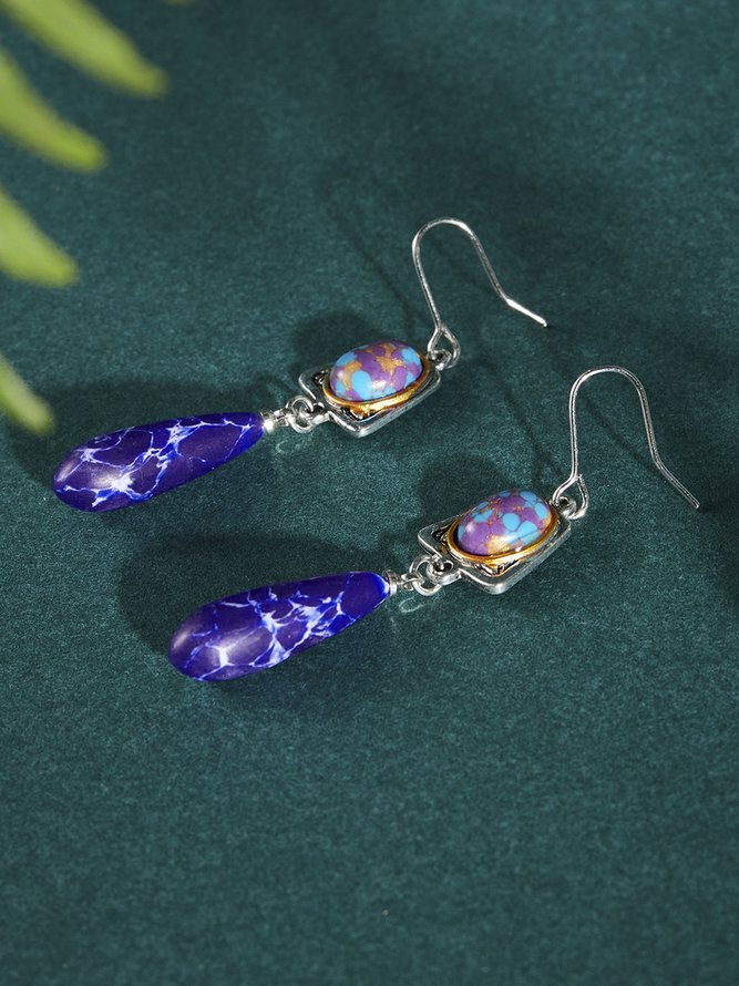 Retro Natural Blue Gemstone Drop Earrings Ethnic Style Casual Women's Jewelry