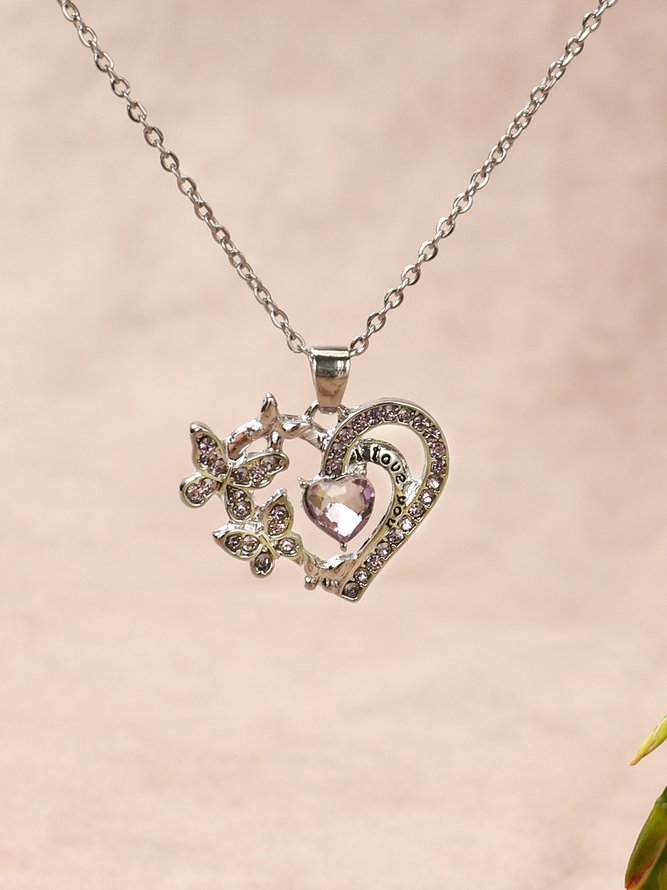 I Love You Silver Butterfly Heart Pendant Necklace Valentine's Day Mother's Day Thanksgiving Gift Jewelry