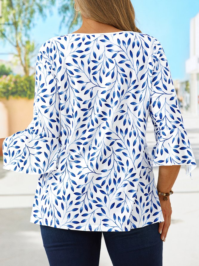 plus size Casual V neck Leaf Loose Three Quarter Top