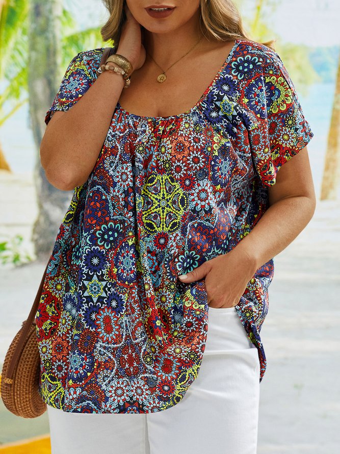 Plus Size Round Neck Printed Short Sleeve Top