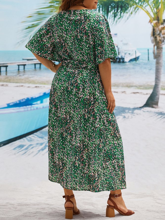 Plus Size Cross Neck Vacation Disty Floral Loose Dress