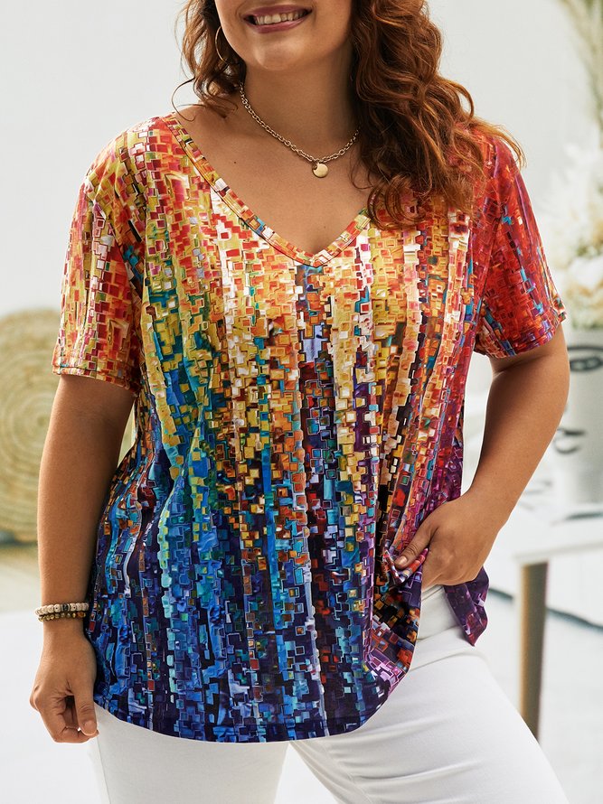 Plus Size Casual V Neck Jersey Ombre T-Shirt