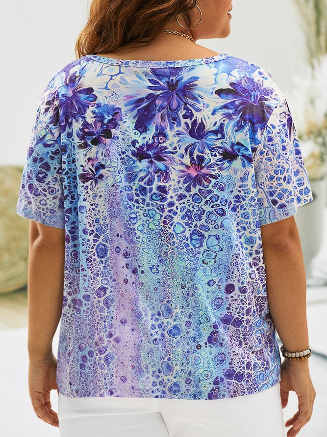 Plus Size Casual Geometric Abstract Floral Printed Off Shoulder Loosen Short Sleeve T-Shirt