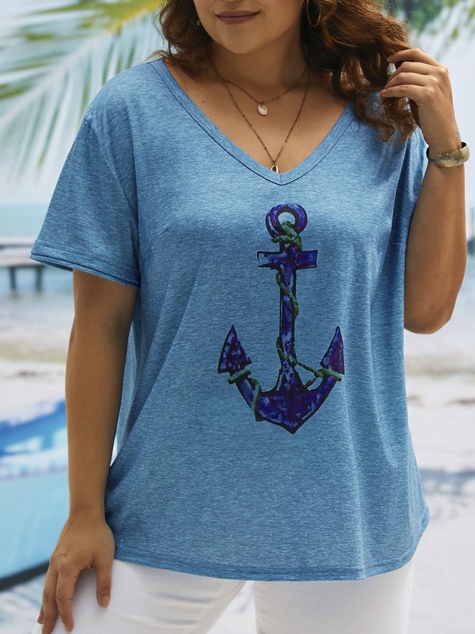 Plus Size Casual Jersey Anchor V Neck T-Shirt