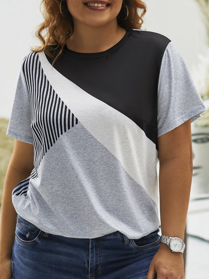 Plus Size Crew Neck Knitted Casual Geometric T-Shirt